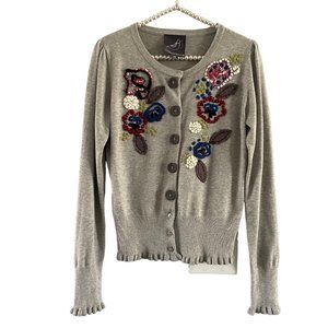 KnittedDove Anthropologie Embroidered Gray Floral Button Down Sweater Cardigan M